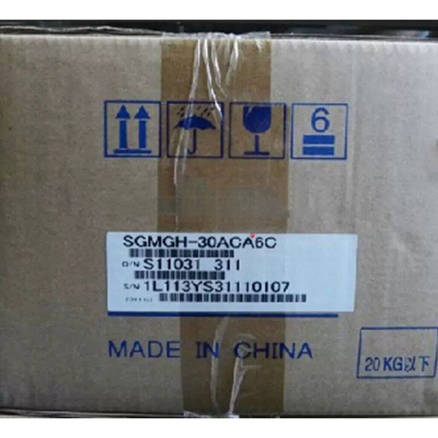 YASKAWA SGMGH-30ACA6C Servo Motor box, Made in China, with shipping symbols.