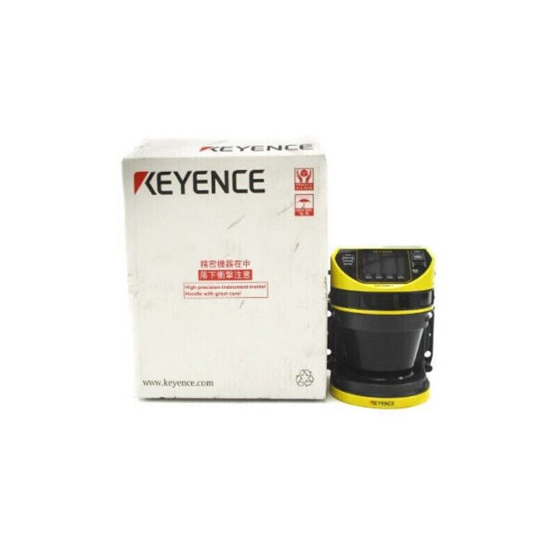 Keyence SZ-V04 safety laser scanner product photo, yellow and black sensor with box. Warning: Handle with great care.