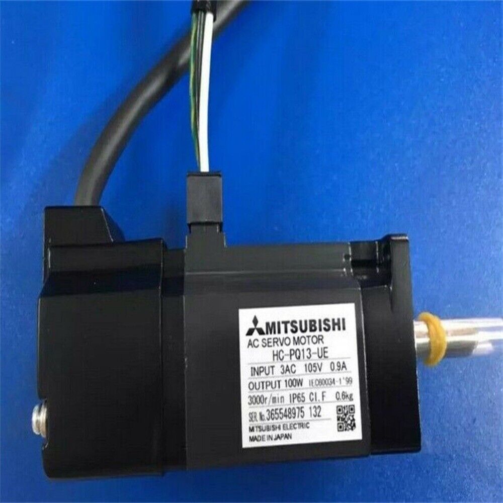 Mitsubishi HC-PQ13-UE AC Servo Motor, black with specifications label. Made in Japan.