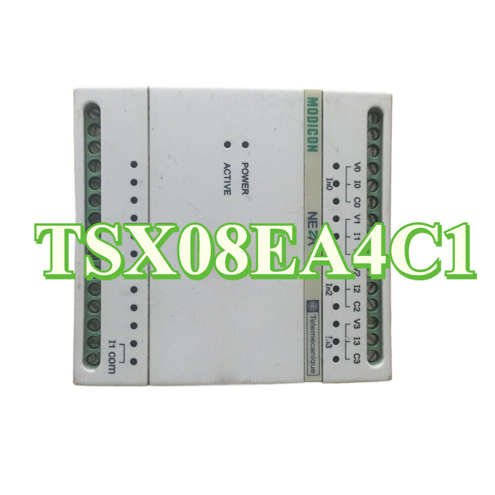 Schneider TSX08EA4C1 Relay Module. Grey industrial automation component with power indicators and connection ports.
