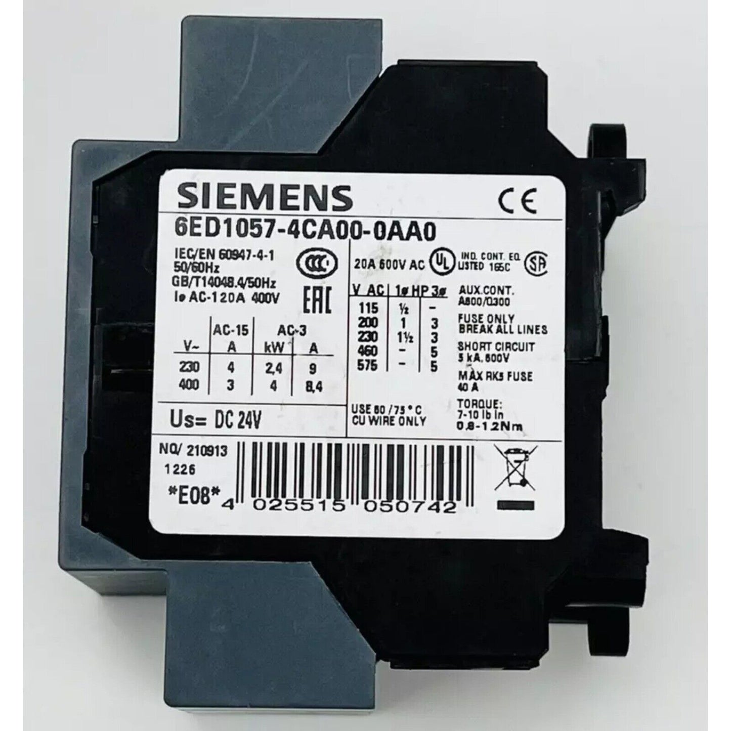 Siemens 6ED1057-4CA00-0AA0 Contactor, 24VDC, Industrial Automation Part. Black contactor with technical specifications.