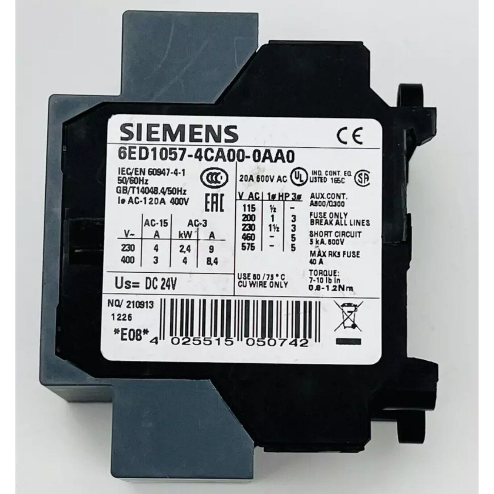 Siemens 6ED1057-4CA00-0AA0 Contactor, 24VDC, Industrial Automation Part. Black contactor with technical specifications.