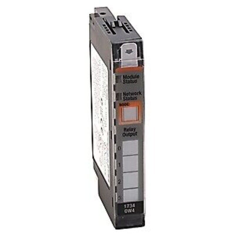 Allen-Bradley 1734-OW4 POINT I/O relay output module with status indicators and DIN rail mounting.
