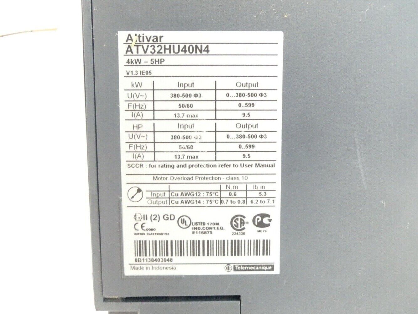 Schneider Electric ATV32HU40N4 drive unit, industrial automation component with technical specifications, Made in Indonesia.