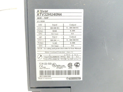 Schneider Electric ATV32HU40N4 drive unit, industrial automation component with technical specifications, Made in Indonesia.