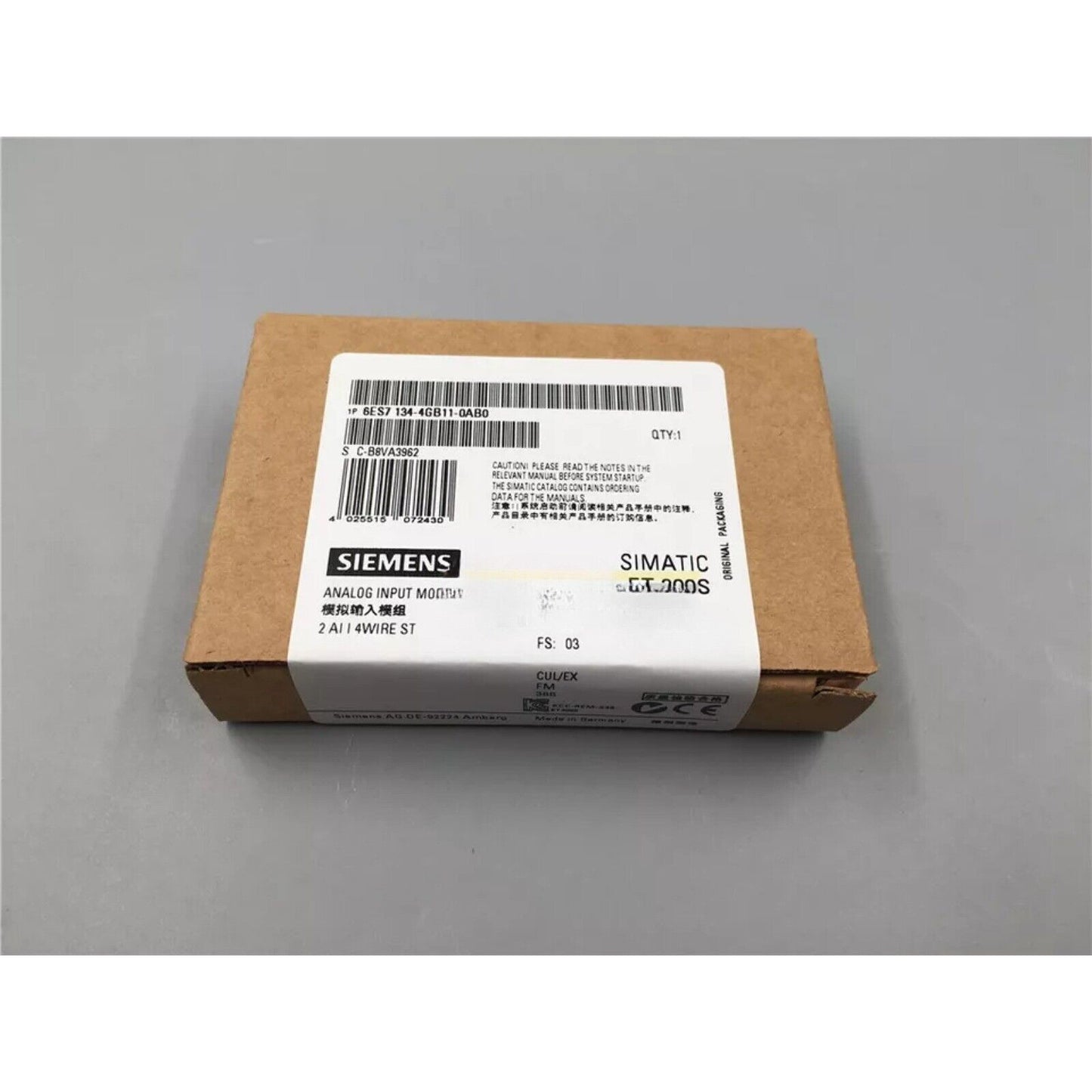 Siemens SIMATIC ET 200S Analog Input Module 6ES7134-4GB11-0AB0, Original Packaging, for industrial automation.