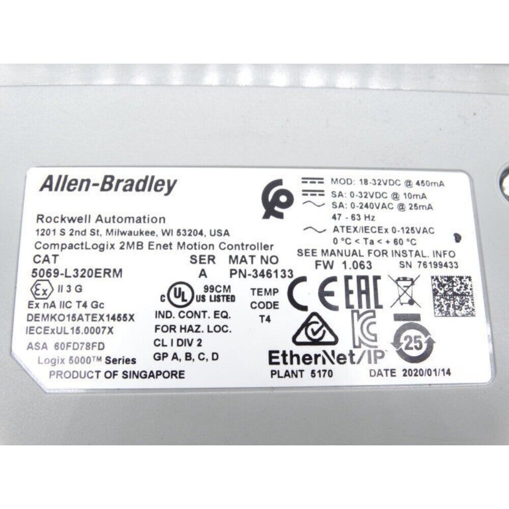 Allen-Bradley 5069-L320ERM CompactLogix controller label. Ethernet/IP, 2MB memory, dual Ethernet ports, DIN rail.