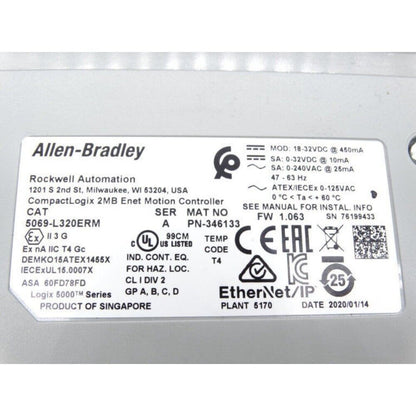 Allen-Bradley 5069-L320ERM CompactLogix controller label. Ethernet/IP, 2MB memory, dual Ethernet ports, DIN rail.