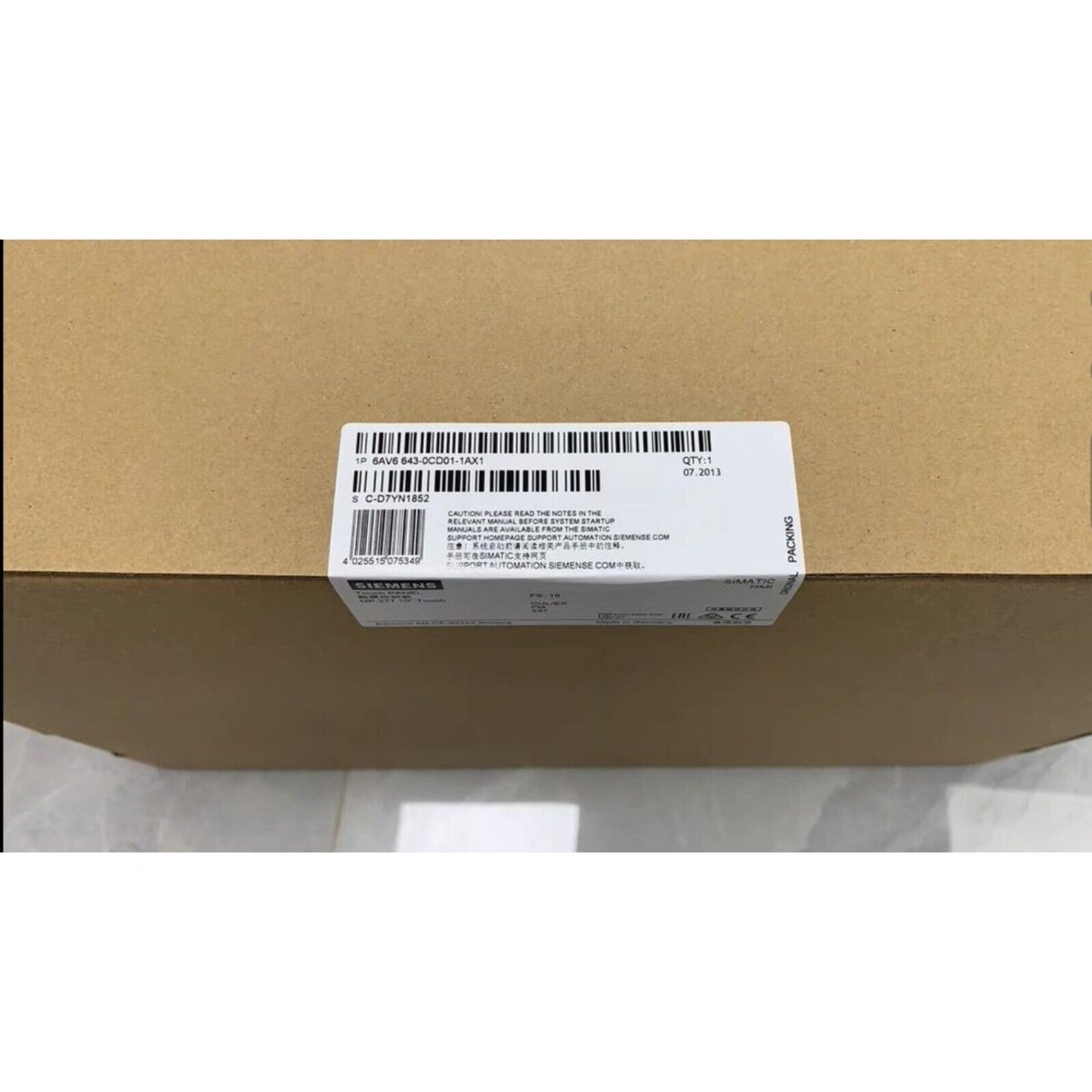 Siemens SIMATIC MP 277 8" Touch Panel box. Part number 6AV6 643-0CD01-1AX1, industrial automation equipment.
