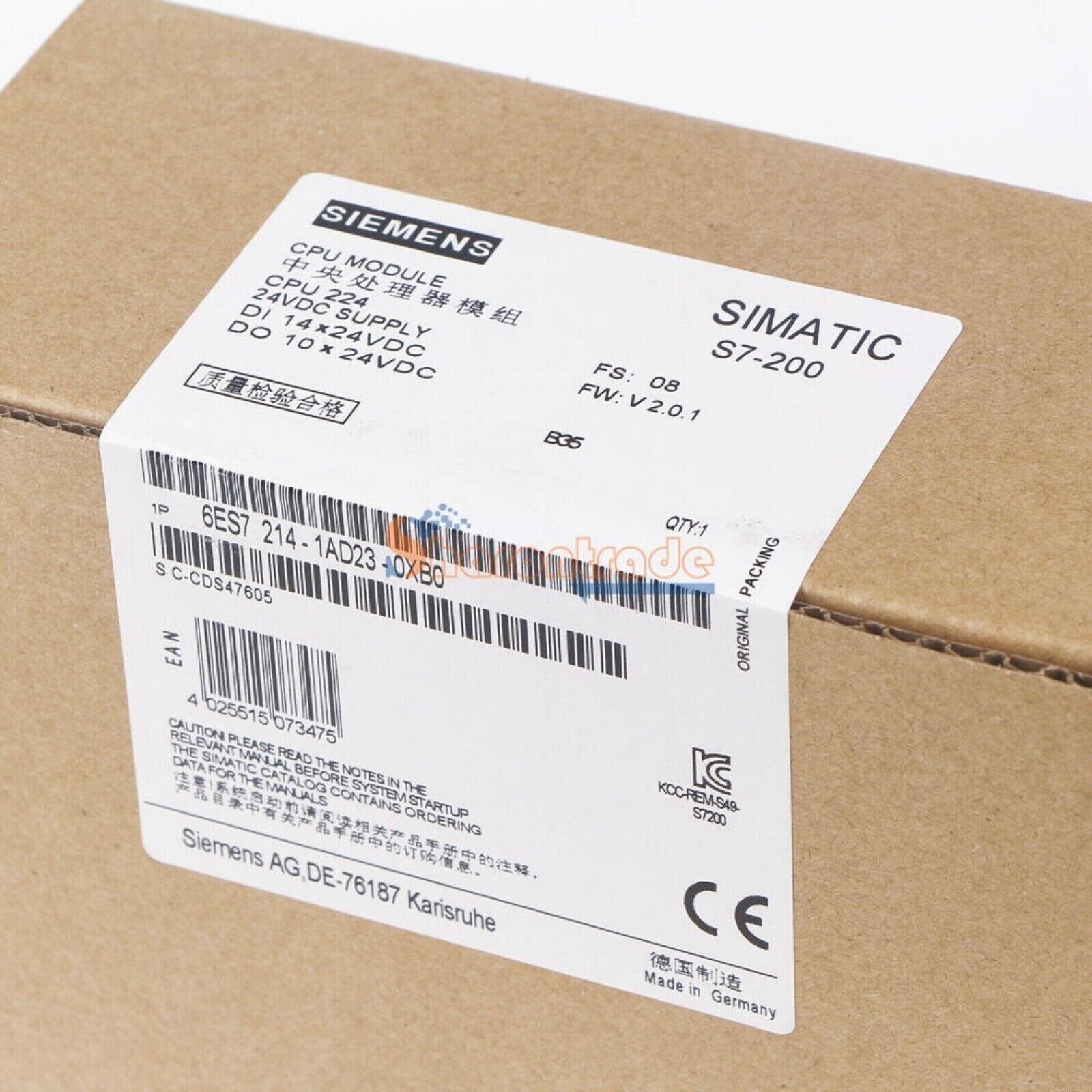 Siemens SIMATIC S7-200 CPU 224 PLC module 6ES7 214-1AD23-0XB0, industrial automation part, original packaging.