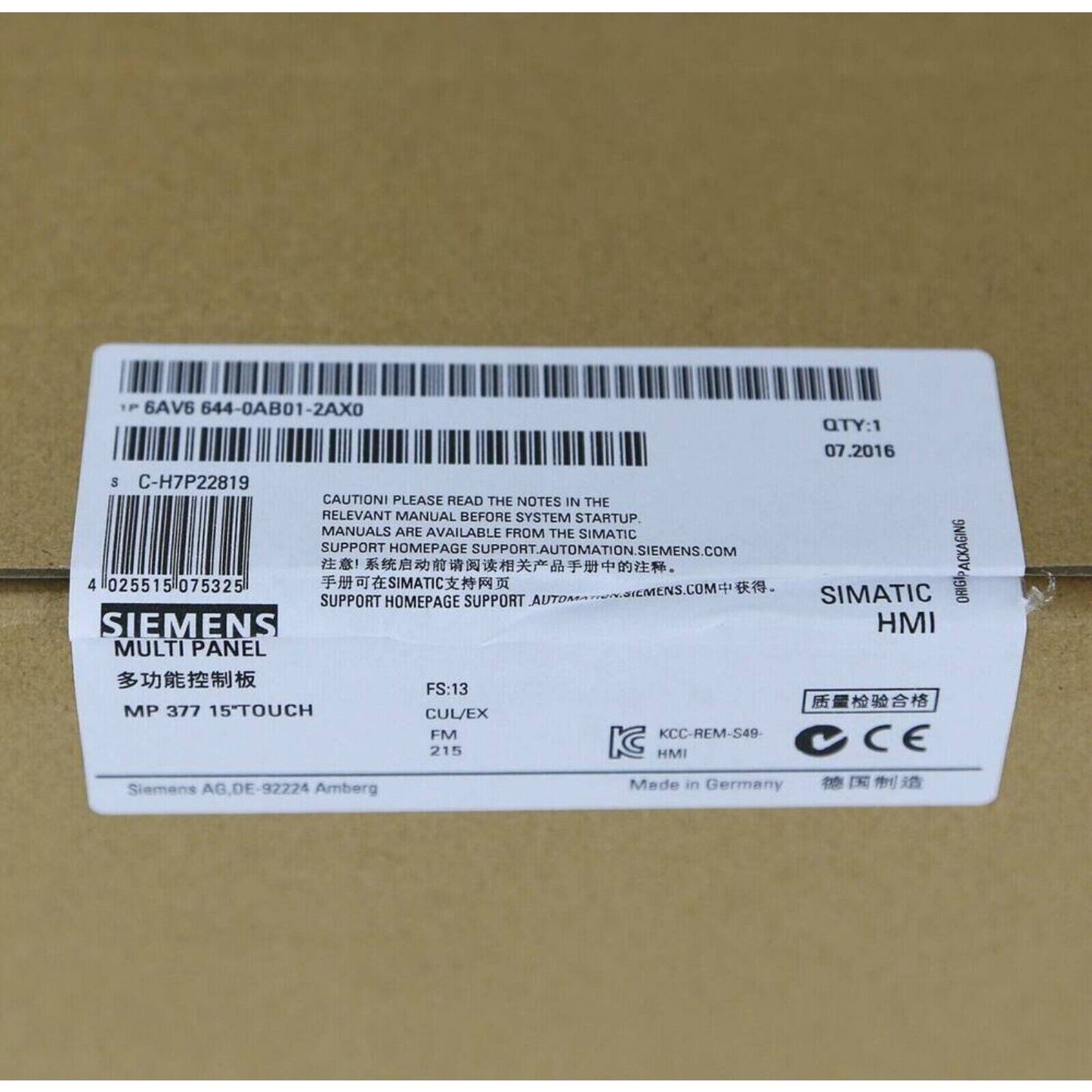 HMI Device | Siemens | 6AV6644-0AB01-2AX0 SIMATIC MP377 SCREEN 6AV6 644-0AB01-2AX0