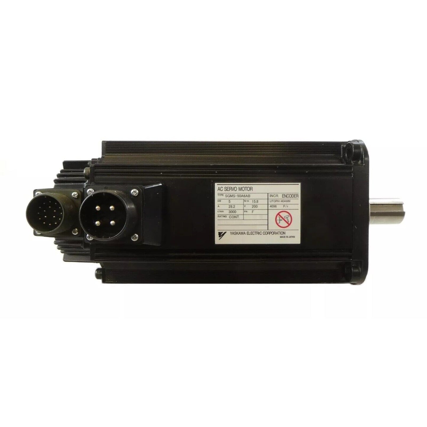 Yaskawa SGMS-50A6AB AC Servo Motor, black, industrial automation part with encoder and connectors, Made in Japan