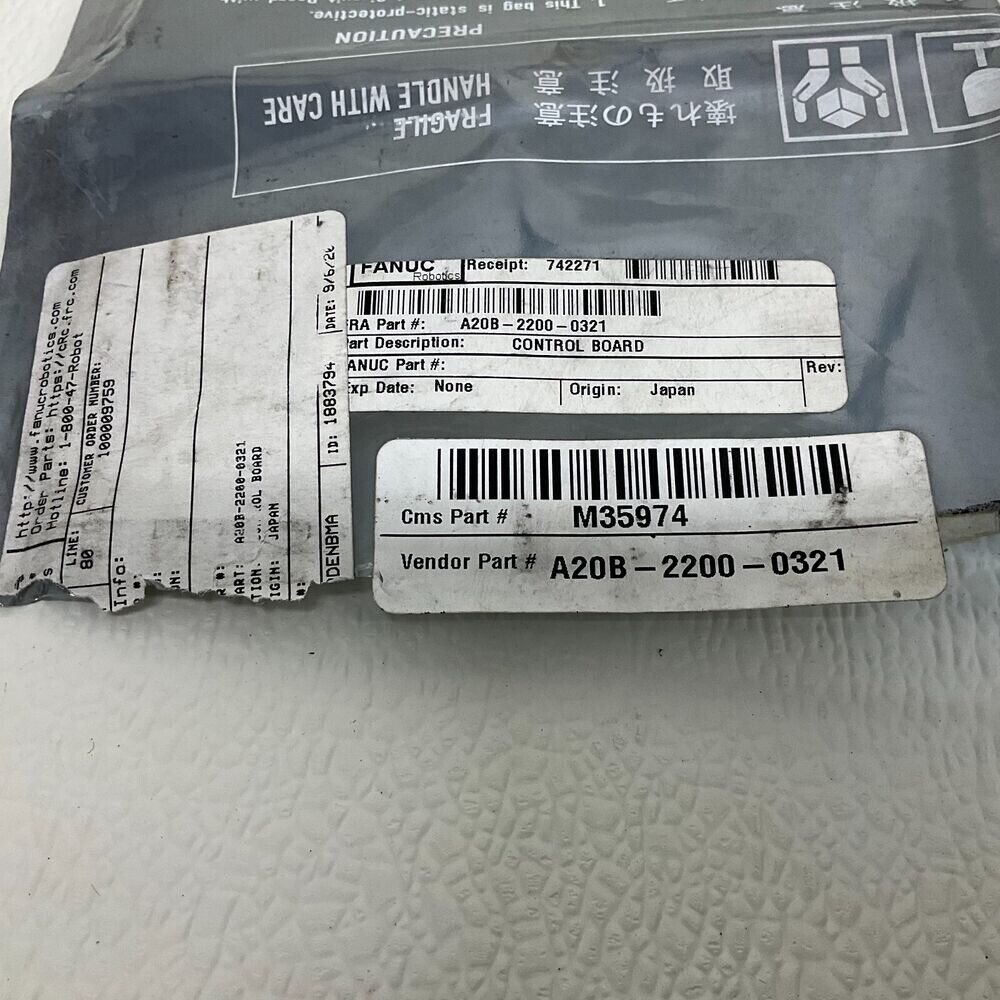 FANUC A20B-2200-0321 Control Board, Japan origin, with labels and barcodes for industrial automation.