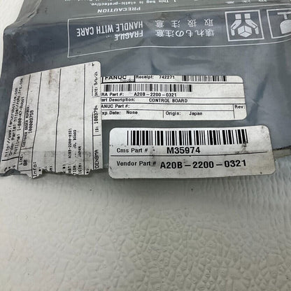 FANUC A20B-2200-0321 Control Board, Japan origin, with labels and barcodes for industrial automation.