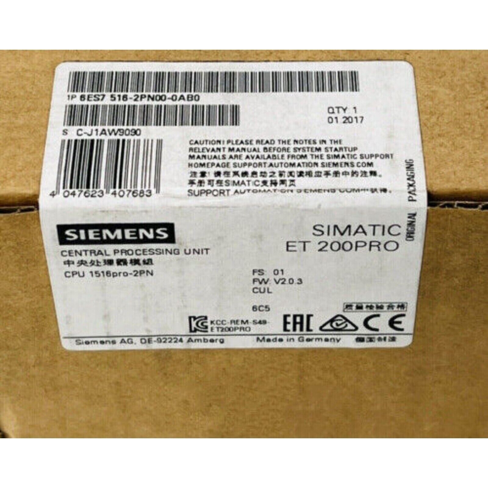 Siemens SIMATIC ET 200PRO CPU 1516pro-2PN label, 6ES7 516-2PN00-0AB0, on brown box. Made in Germany. Original packaging.