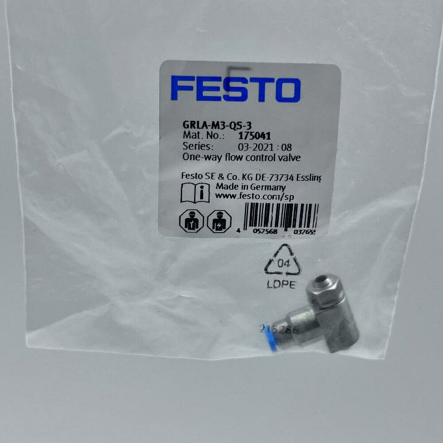 Festo GRLA-M3-QS-3 one-way flow control valve, industrial automation part with blue seal.