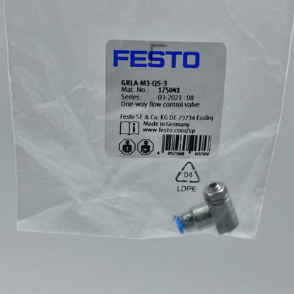 Festo GRLA-M3-QS-3 one-way flow control valve, industrial automation part with blue seal.
