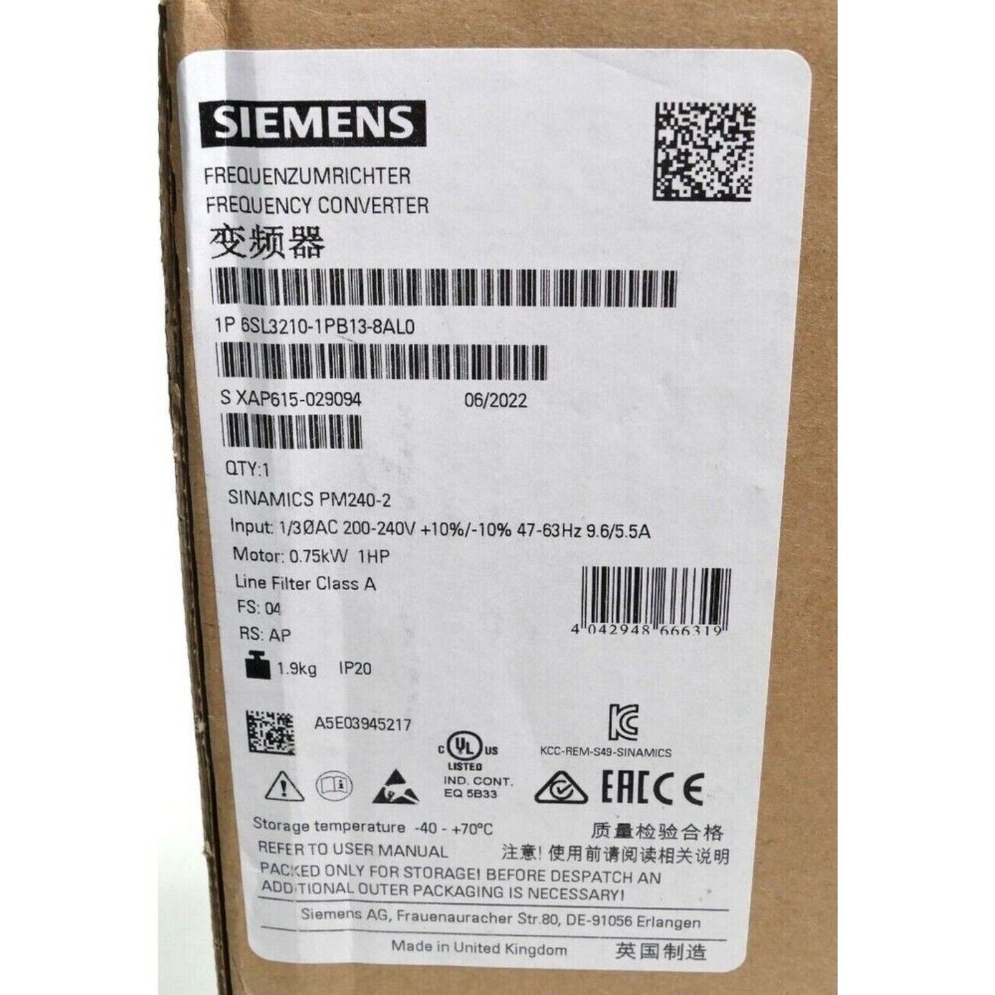 Siemens SINAMICS PM240-2 Frequency Converter Label - 6SL3210-1PB13-8AL0
