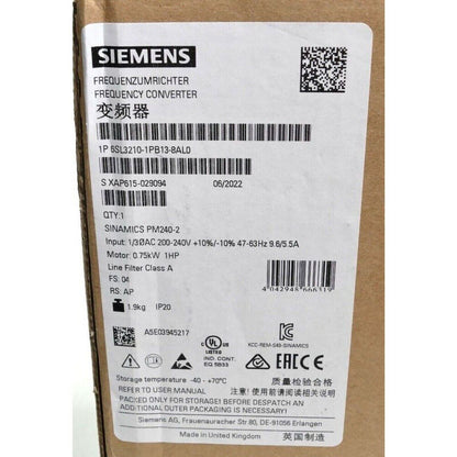 Siemens SINAMICS PM240-2 Frequency Converter Label - 6SL3210-1PB13-8AL0