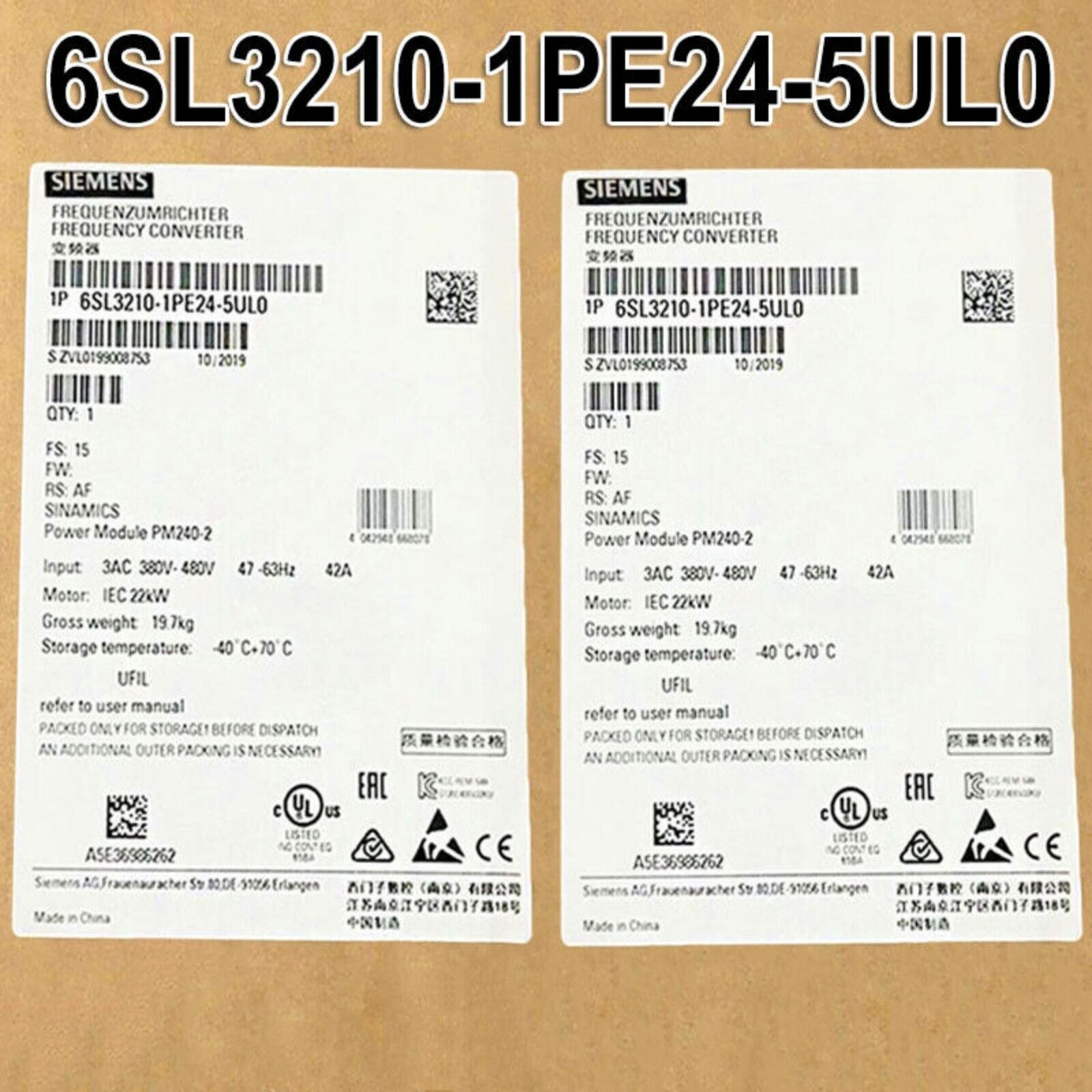 Siemens SINAMICS G120 6SL3210-1PE24-5UL0 frequency converter label, 3AC 380-480V input, industrial automation part