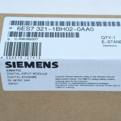 Siemens SIMATIC S7-300 digital input module 6ES7 321-1BH02-0AA0 product packaging with serial number and specifications.