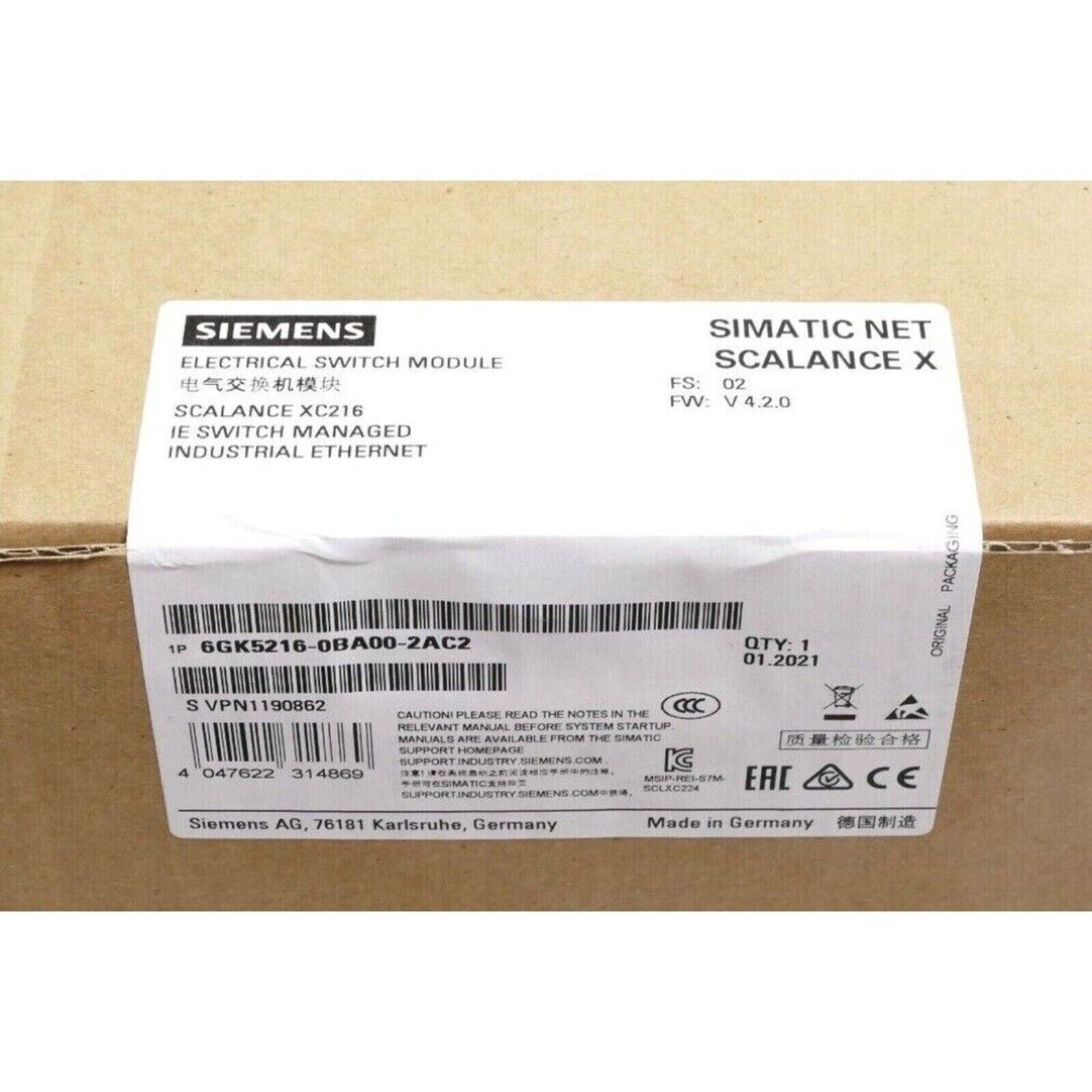 Siemens SCALANCE XC216 Industrial Ethernet Switch product packaging, model 6GK5216-0BA00-2AC2, made in Germany.