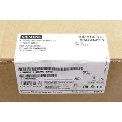 Siemens SCALANCE XC216 Industrial Ethernet Switch product packaging, model 6GK5216-0BA00-2AC2, made in Germany.