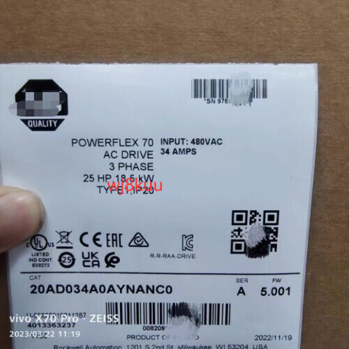 PowerFlex 70 AC Drive label, 20AD034A0AYNANC0, 34A, 25HP, industrial motor control product.