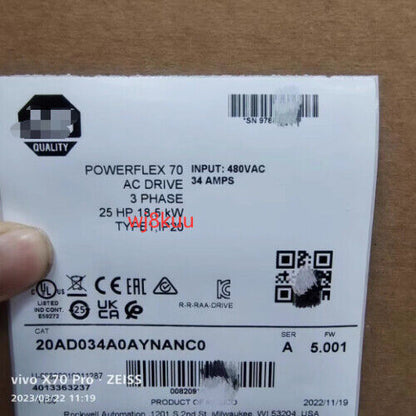 PowerFlex 70 AC Drive label, 20AD034A0AYNANC0, 34A, 25HP, industrial motor control product.