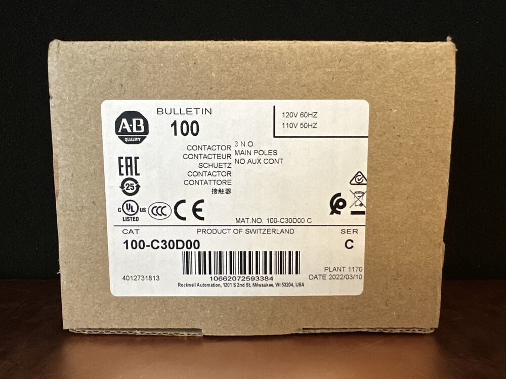 US Allen Bradley 100-C30D00 120V 30AMP Contactor No Aux Contact