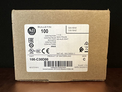 US Allen Bradley 100-C30D00 120V 30AMP Contactor No Aux Contact