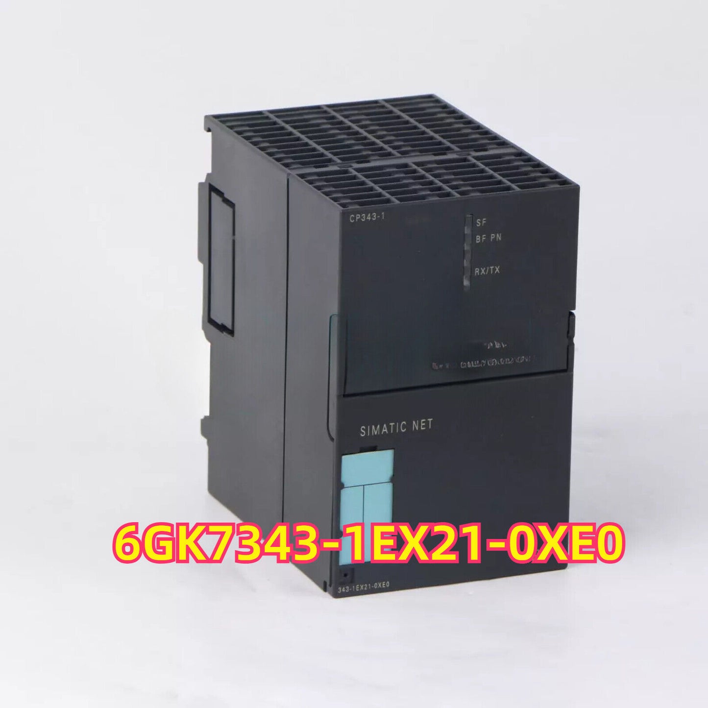 Siemens PLC 6GK7343-1EX21-0XE0, industrial automation component, SIMATIC NET module, black casing, with text.