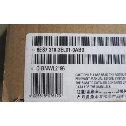 Siemens SIMATIC S7-300 PLC module label, 6ES7 318-3EL01-0AB0, industrial automation part, product barcode details.