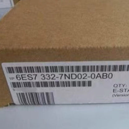 SIMATIC S7-300 6ES7 332-7ND02-0AB0 analog output module packaging, brown box, product label.