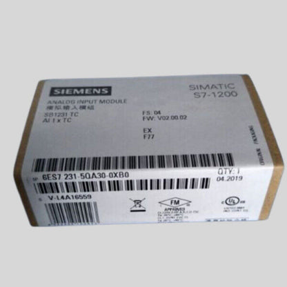 Siemens S7-1200 Analog Input Module 6ES7231-5QA30-0XB0, product box with labels and certifications