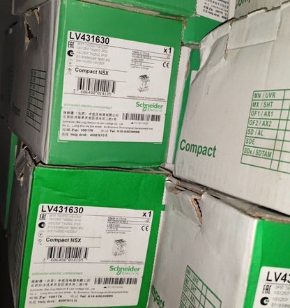 Schneider Electric LV431630 MCCB boxes, 3-pole 400A Compact NSX breakers, industrial electrical protection.