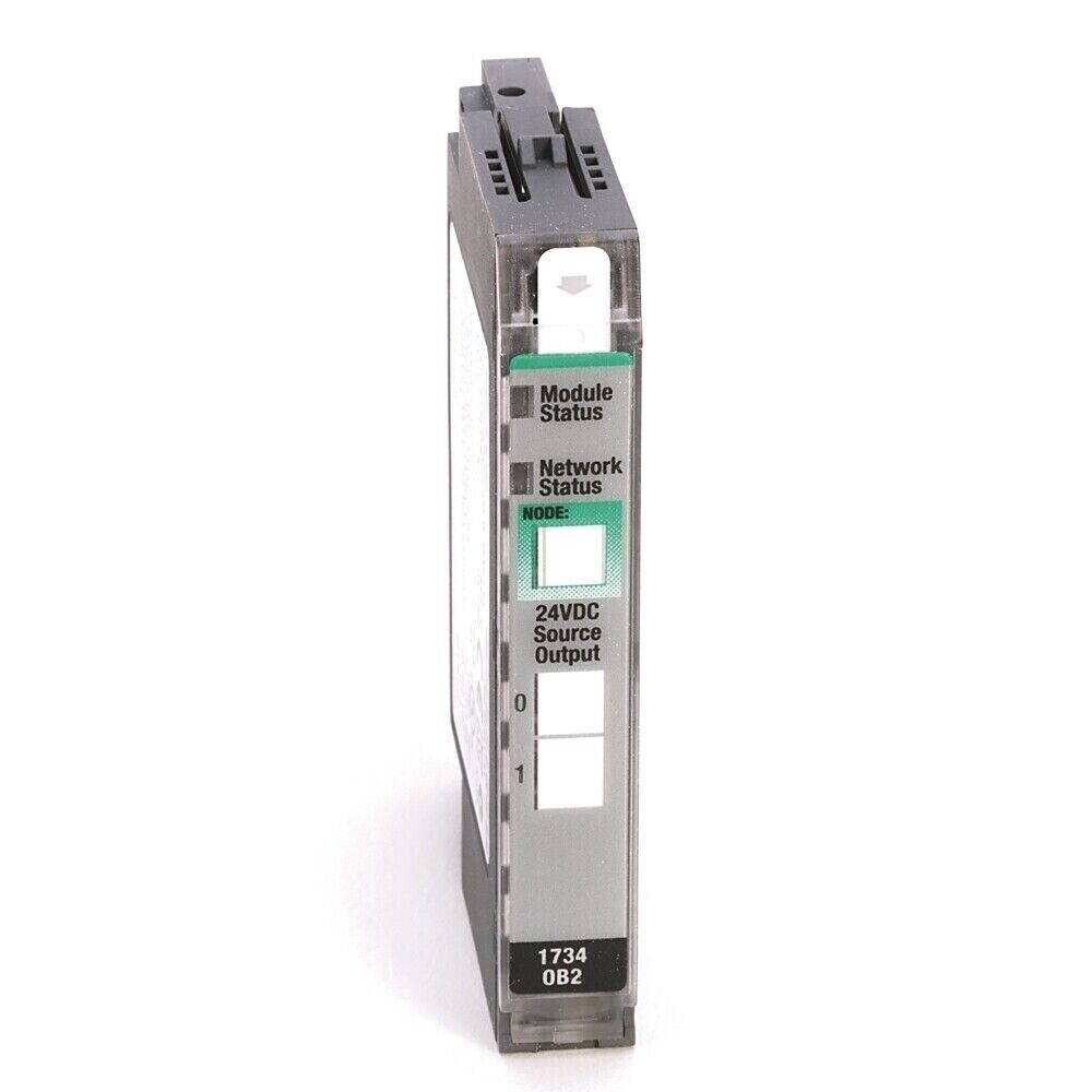 Allen-Bradley 1734-OB2 POINT I/O module. Displays module status, network status, and 24VDC output.