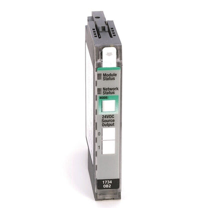 Allen-Bradley 1734-OB2 POINT I/O module. Displays module status, network status, and 24VDC output.