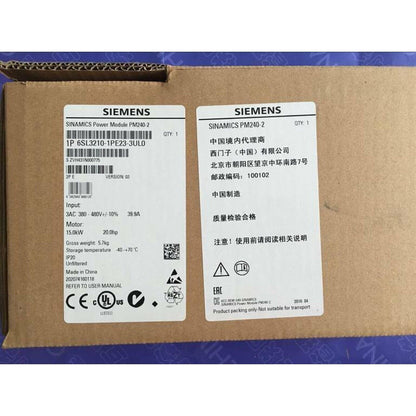 Siemens SINAMICS PM240-2 Power Module, 1P 6SL3210-1PE23-3UL0, for HVAC and industrial automation. Made in China, IP20 rated.