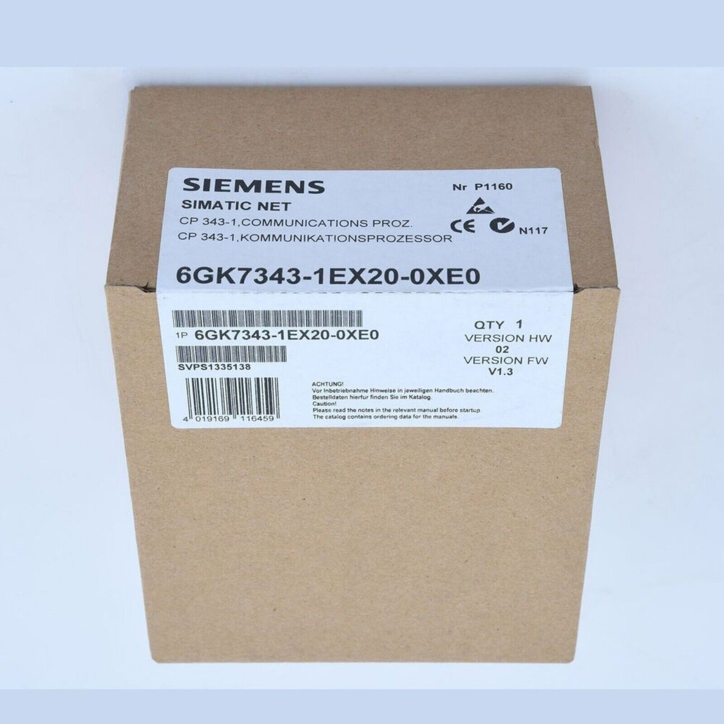 Siemens SIMATIC NET CP 343-1 PLC module 6GK7343-1EX20-0XE0 on packaging, industrial automation part