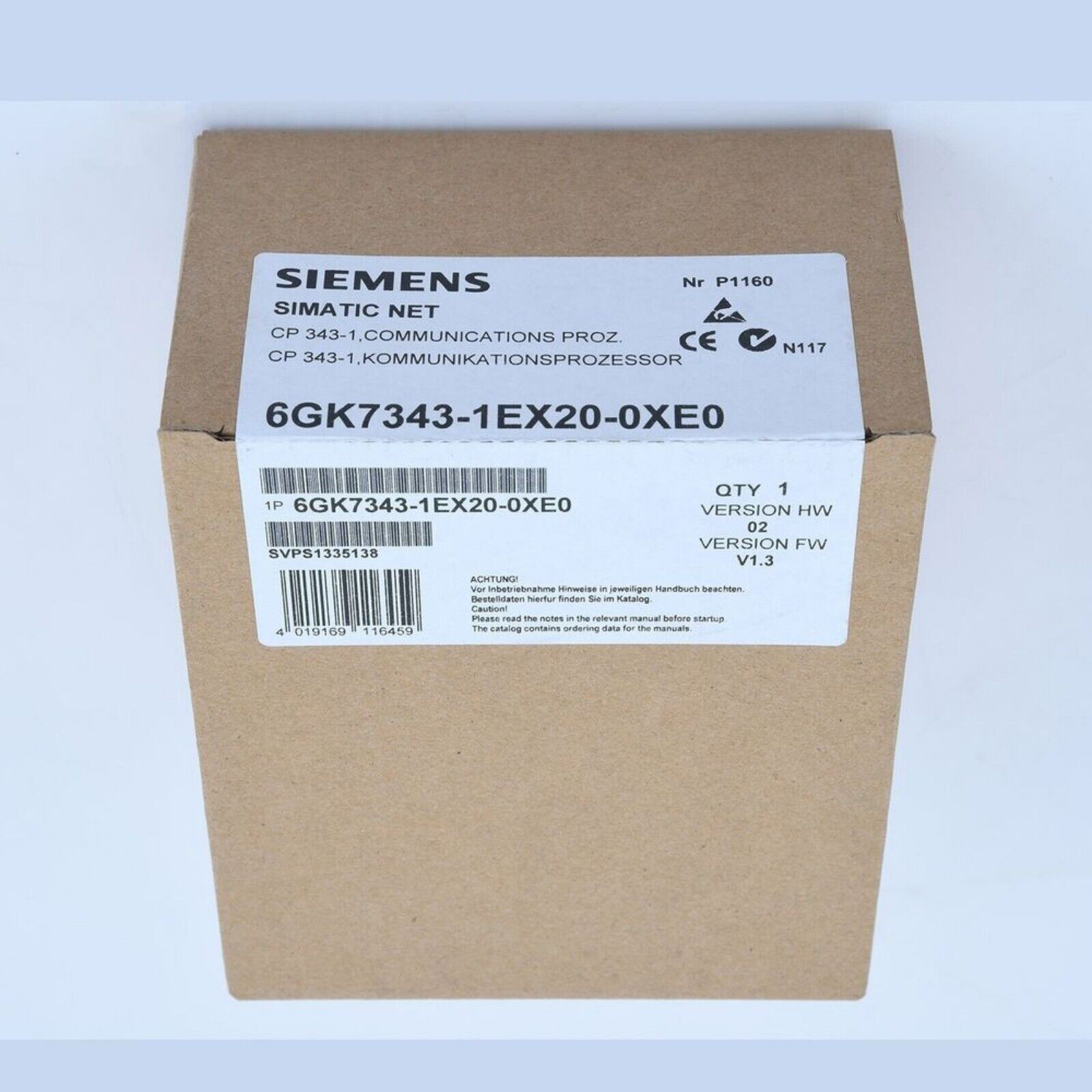 Siemens SIMATIC NET CP 343-1 PLC module 6GK7343-1EX20-0XE0 on packaging, industrial automation part