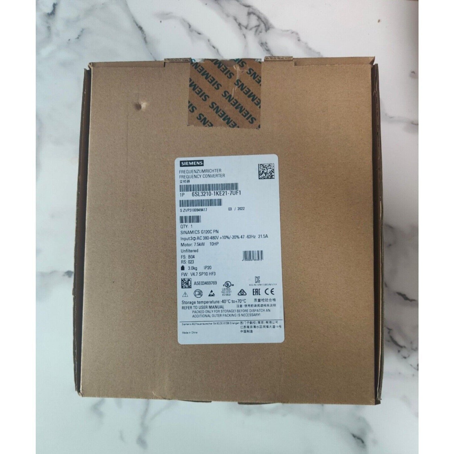 Siemens SINAMICS G120C PN Frequency Converter packaging, 6SL3210-1KE21-7UF1 industrial drive module