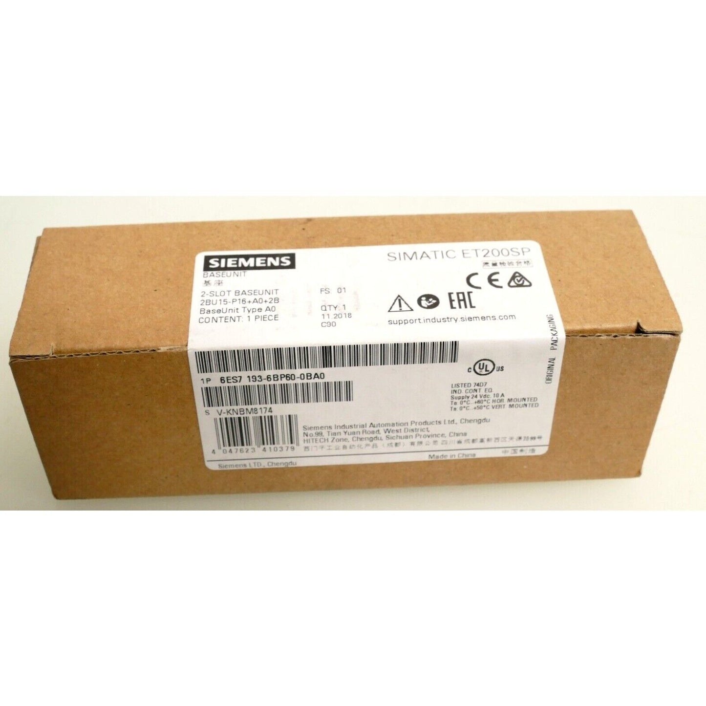 Siemens SIMATIC ET 200SP BaseUnit 6ES7193-6BP60-0BA0 PLC Module packaging box, brown cardboard, product details.