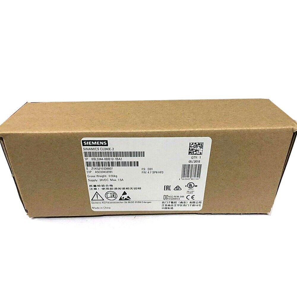 Siemens SINAMICS CU240E-2 control unit product packaging, model 6SL3244-0BB12-1BA1, with specifications and certifications.