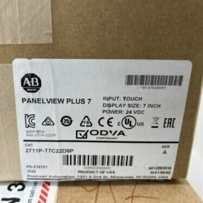 Allen-Bradley PanelView Plus 7 HMI product label, 7-inch touch display, 24V DC power, 2711P-T7C22D9P