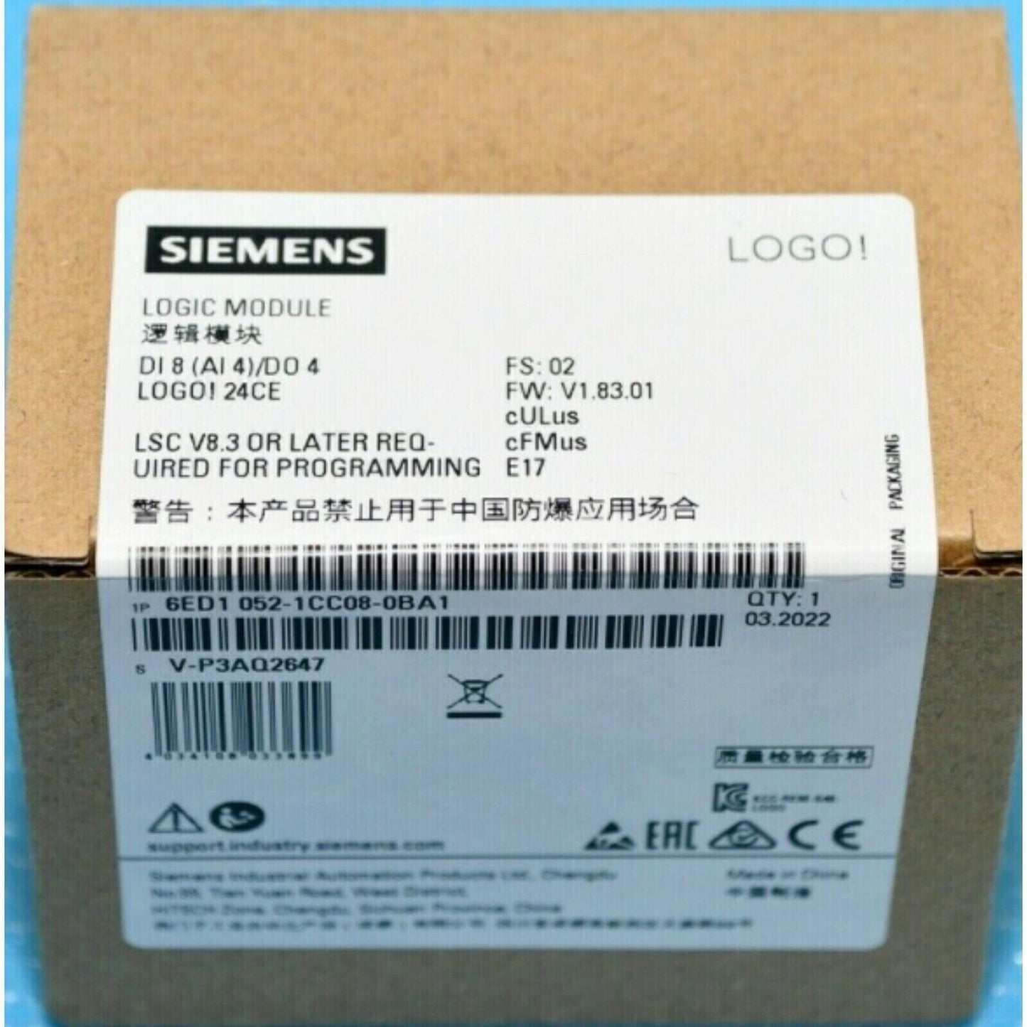 Siemens LOGO! 24CE Logic Module, 6ED1 052-1CC08-0BA1, industrial automation component, in original packaging