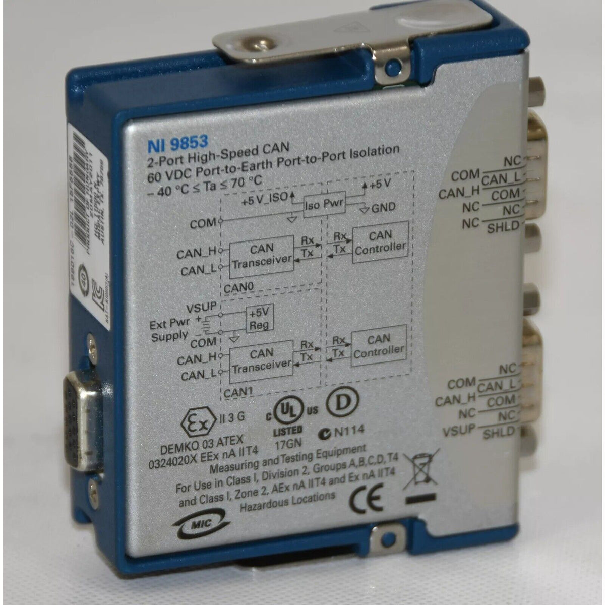 NI 9853 CAN Interface Module, industrial automation, high-speed data acquisition, with connection ports and certifications