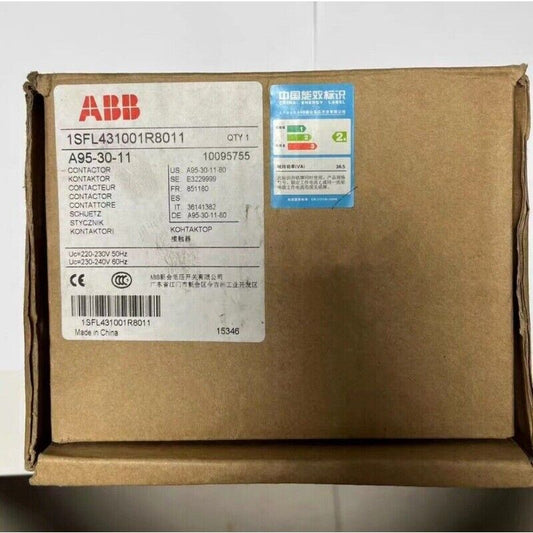 ABB A95-30-11 Contactor box. Product model 1SFL431001R8011, includes energy label, Uc=220-230V 50Hz, Made in China.