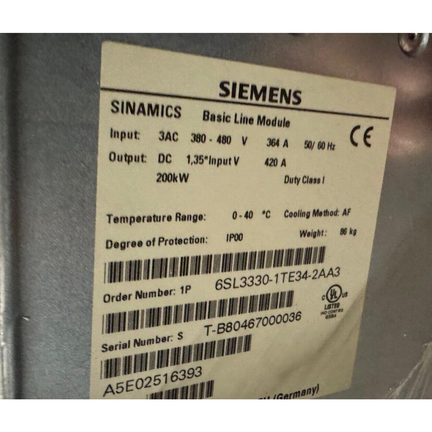 Siemens SINAMICS Basic Line Module 6SL3330-1TE34-2AA3 with technical specifications, IP00, 86 kg.