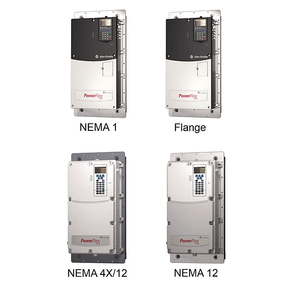 Allen-Bradley PowerFlex VFD models: NEMA 1, Flange, NEMA 4X/12, and NEMA 12. Industrial automation parts.